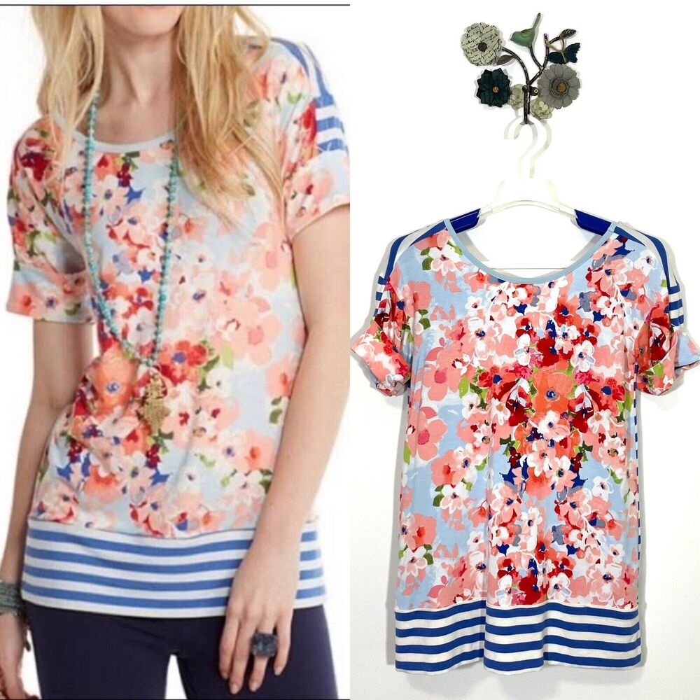 Matilda Jane Bewitching Tidbit Top Womens Size Small Floral Striped Cuff Sleeve